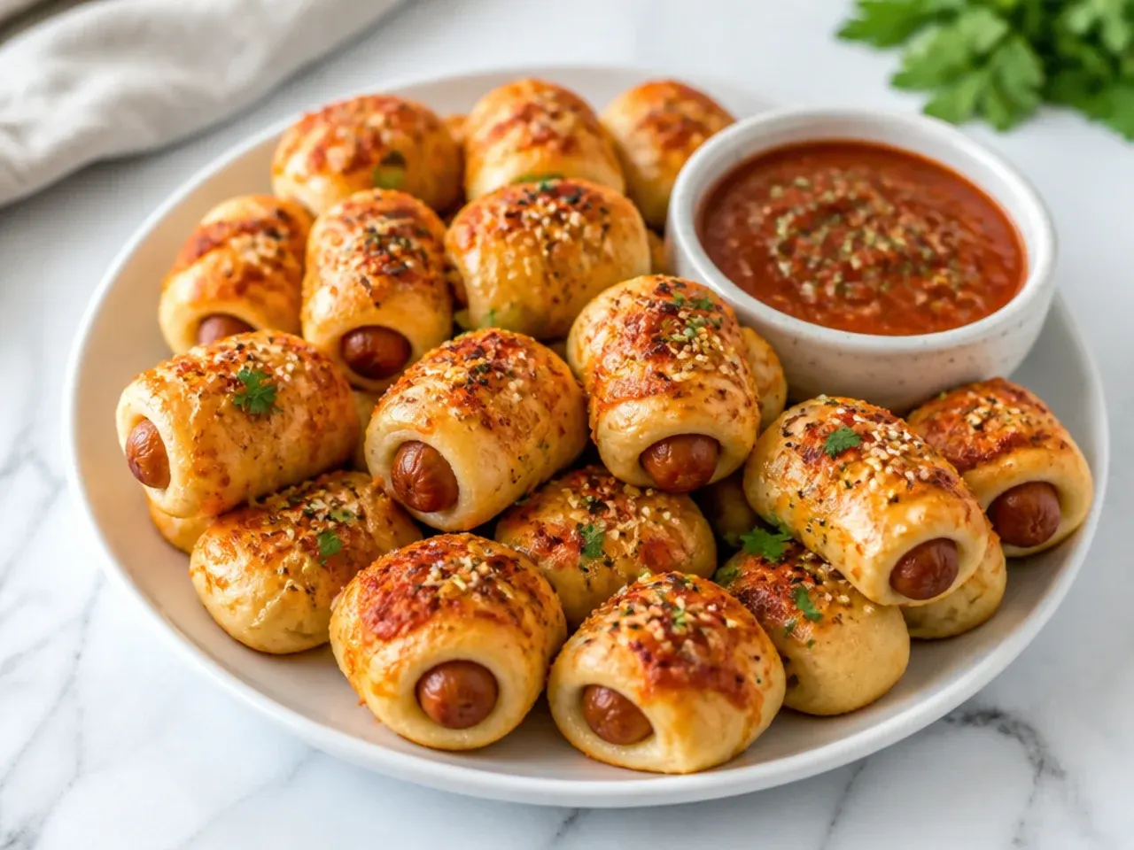 Easy pizza-style mini pigs in a blanket with marinara dip