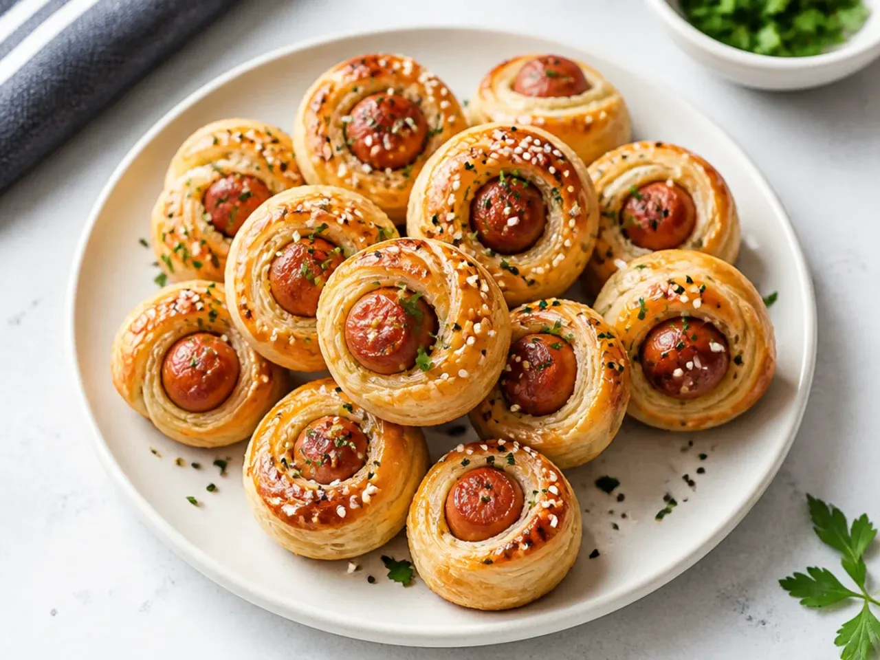 Elegant puff pastry pinwheel mini pigs in a blanket with visible spirals