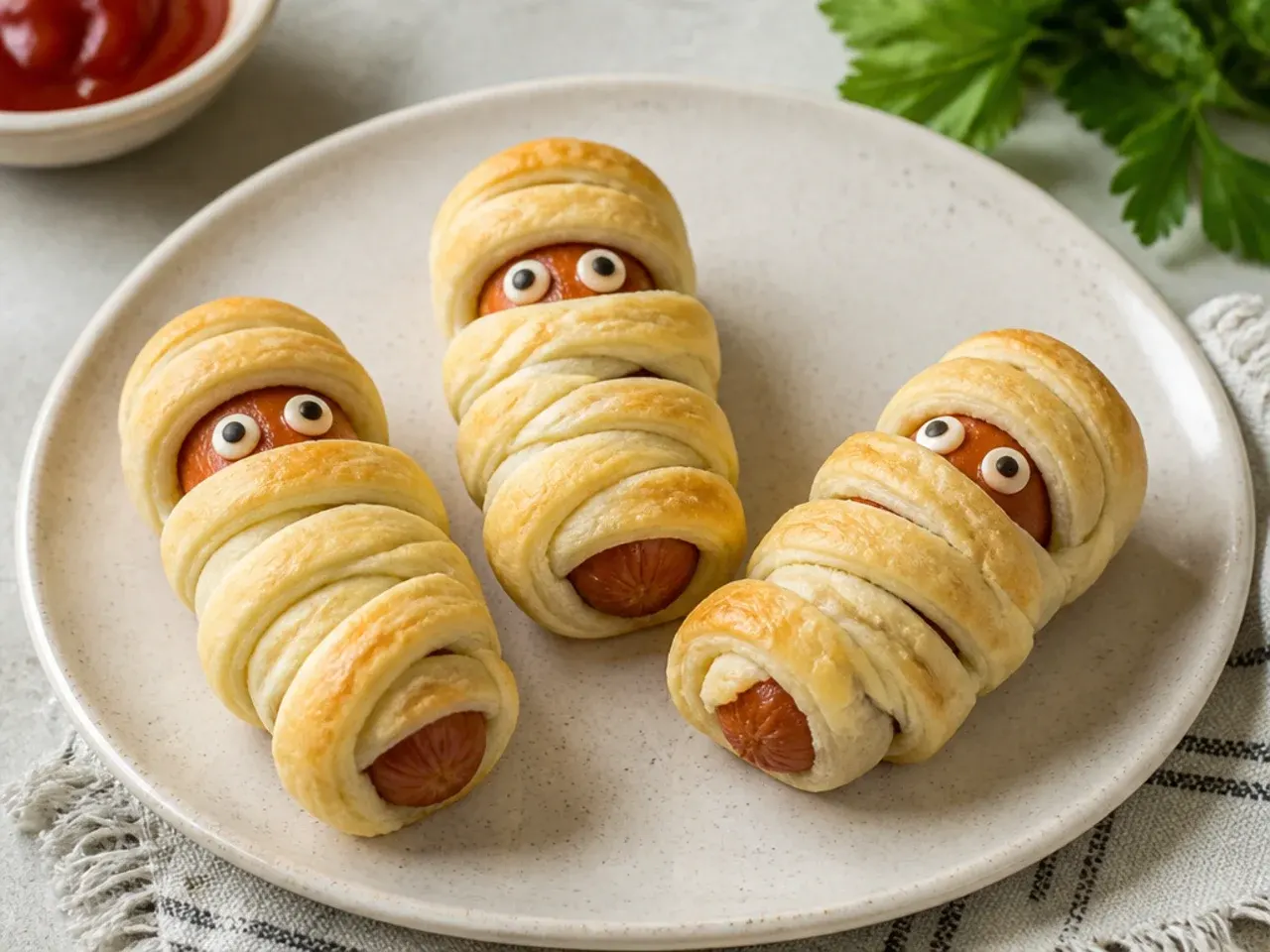 Playful mummy mini pigs in a blanket with bandage-style dough strips