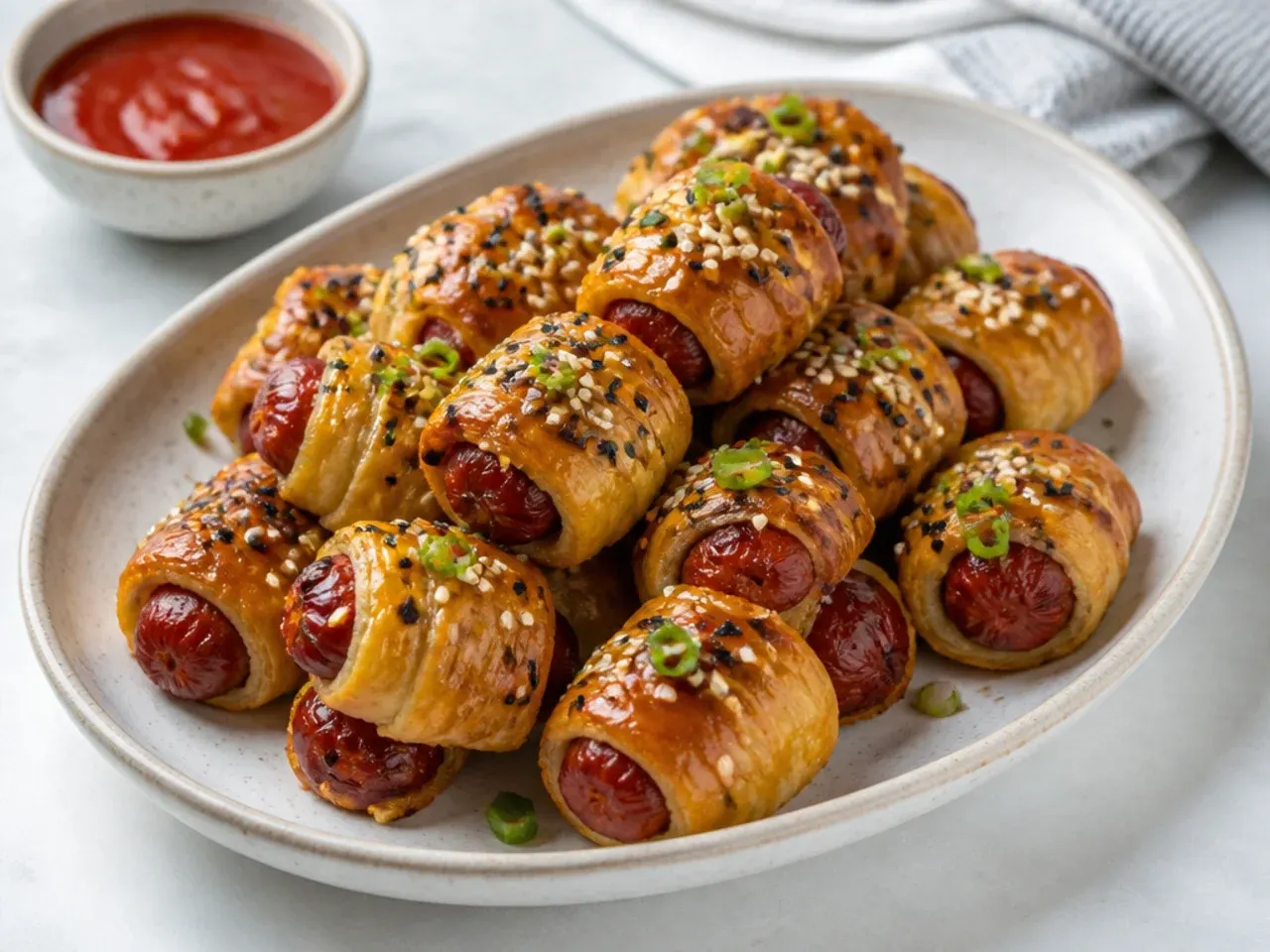 Modern sriracha-honey glazed mini pigs in a blanket with sesame