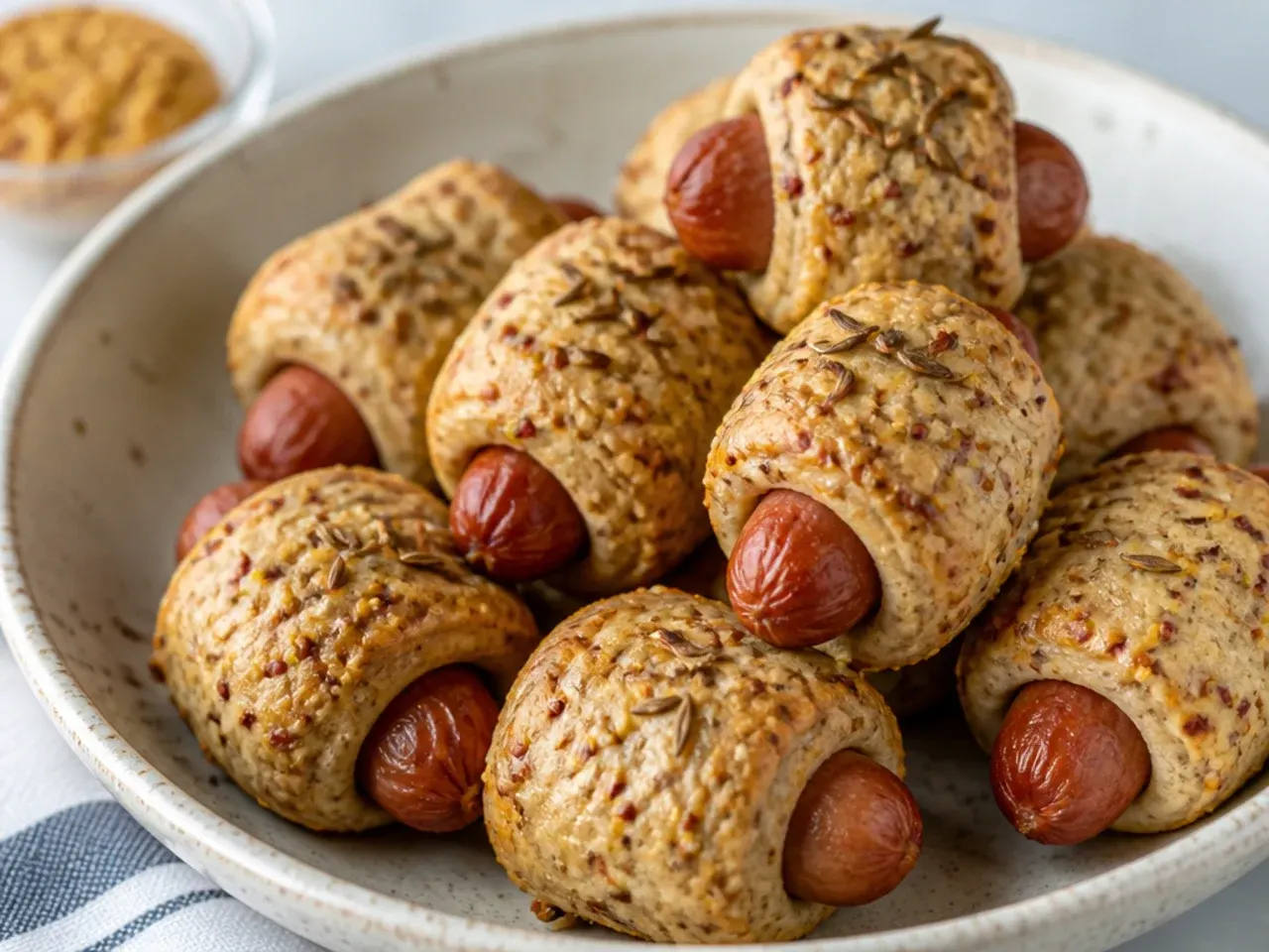 Rustic whole-grain mustard mini pigs in a blanket with caraway seeds