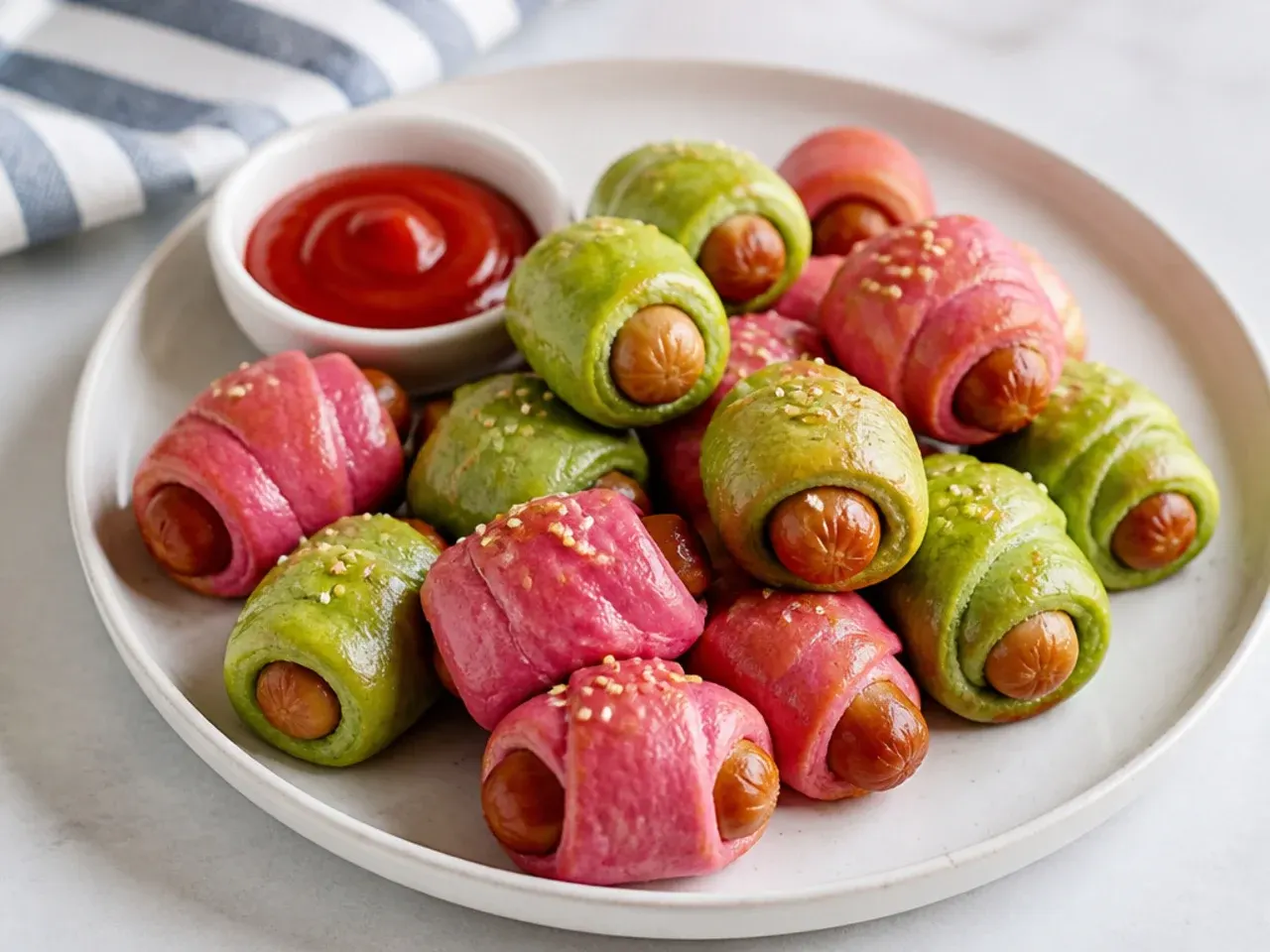 Colorful beet and spinach dough mini pigs in a blanket in pink and green