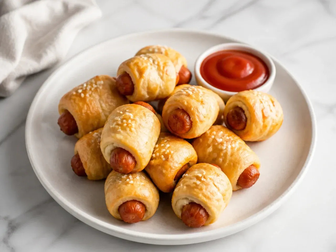 Minimal vegetarian mini pigs in a blanket made with plant-based sausages