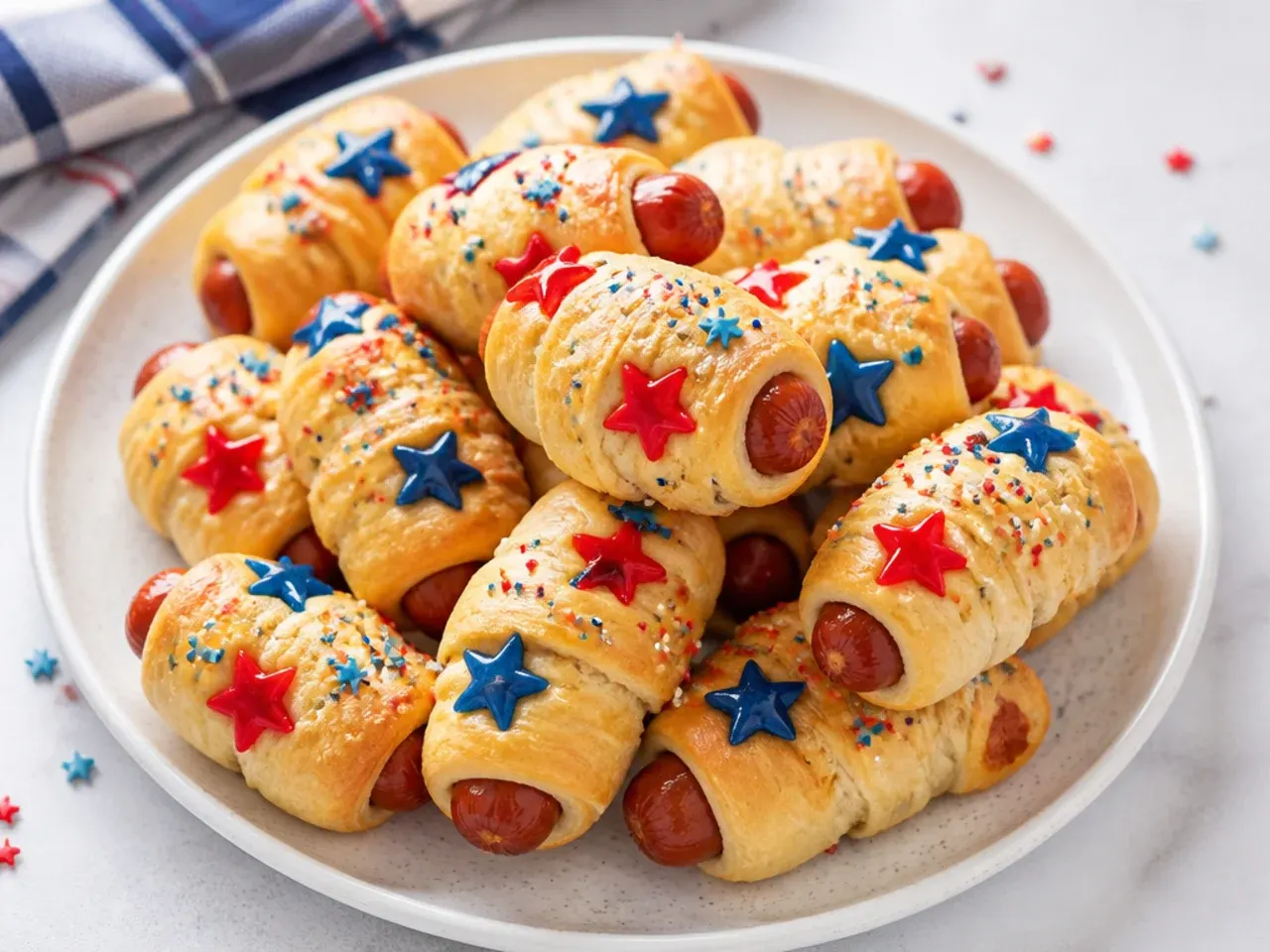 Festive red white and blue star-spangled mini pigs in a blanket