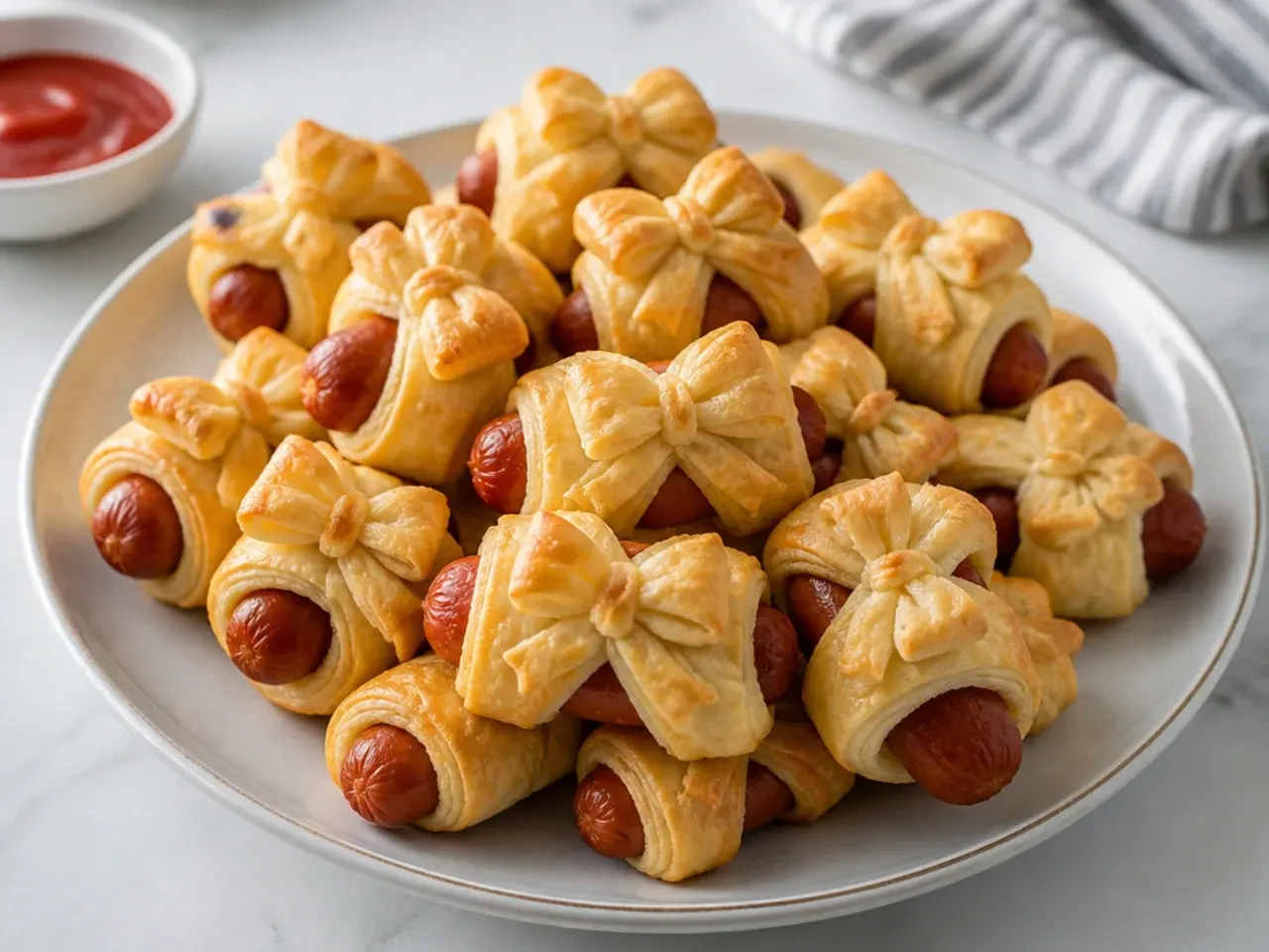 Whimsical mini pigs in a blanket each topped with a little dough bow