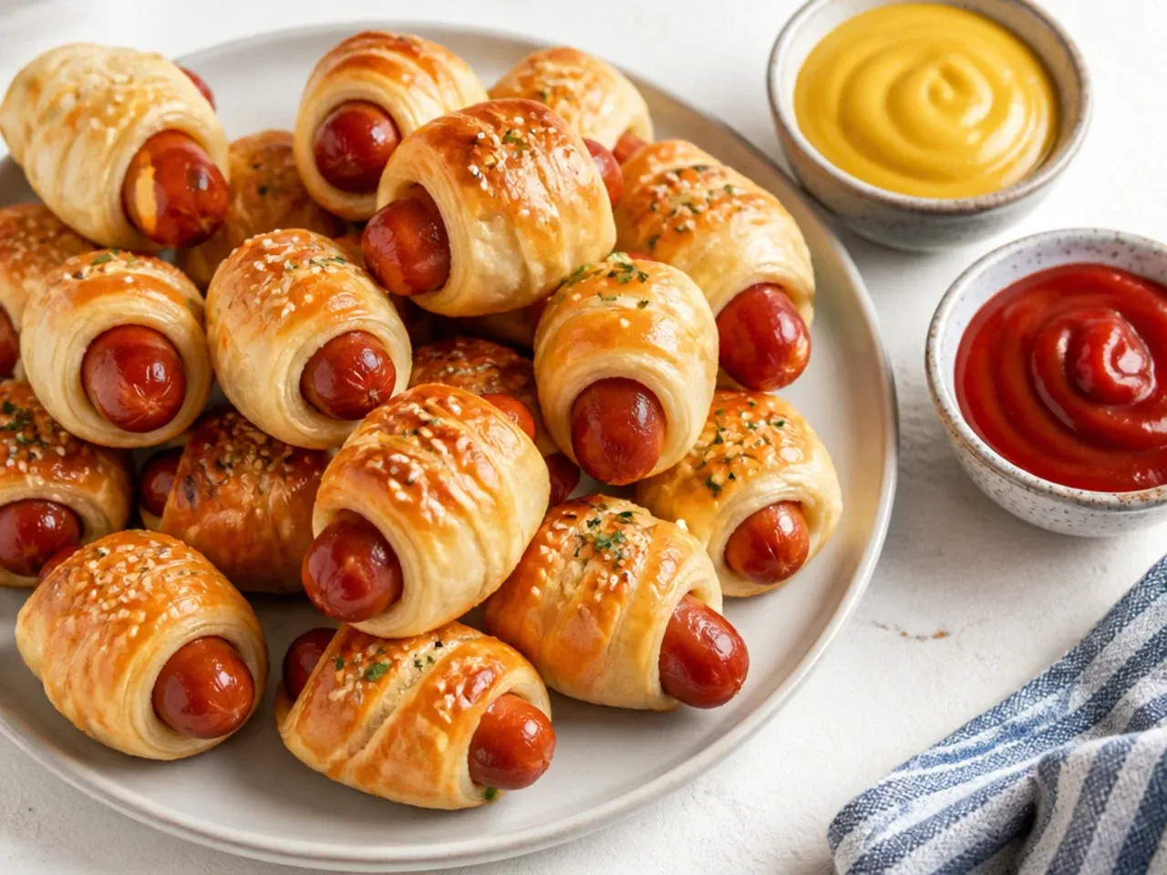 Serving suggestions with mini pigs in a blanket and dipping sauces