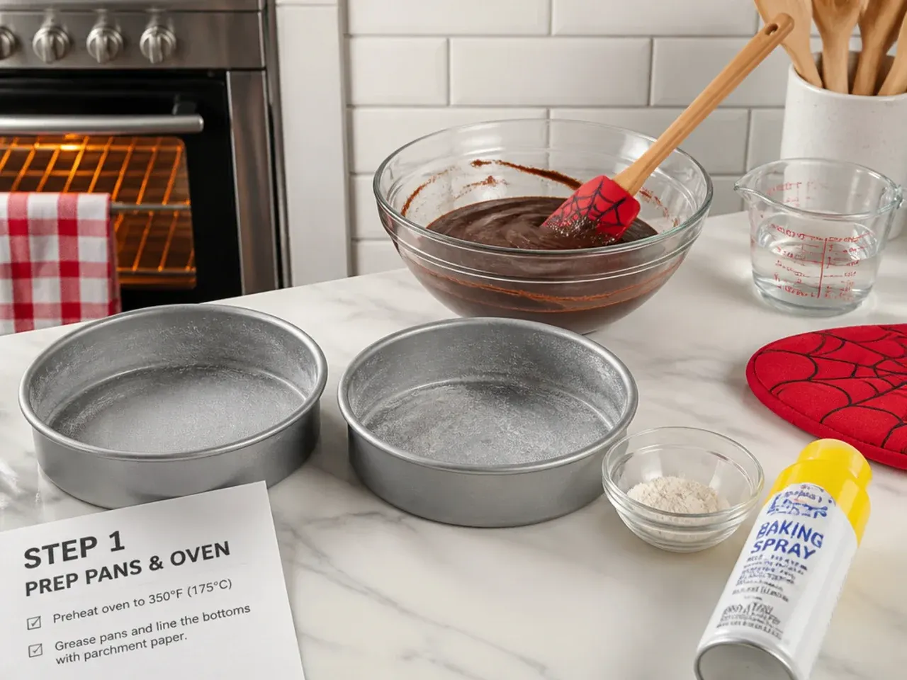 mini spiderman cake — step 1: prep pans and oven
