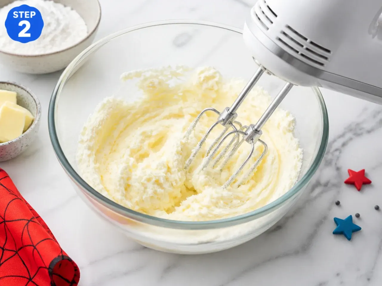 mini spiderman cake — step 2: cream butter and sugar