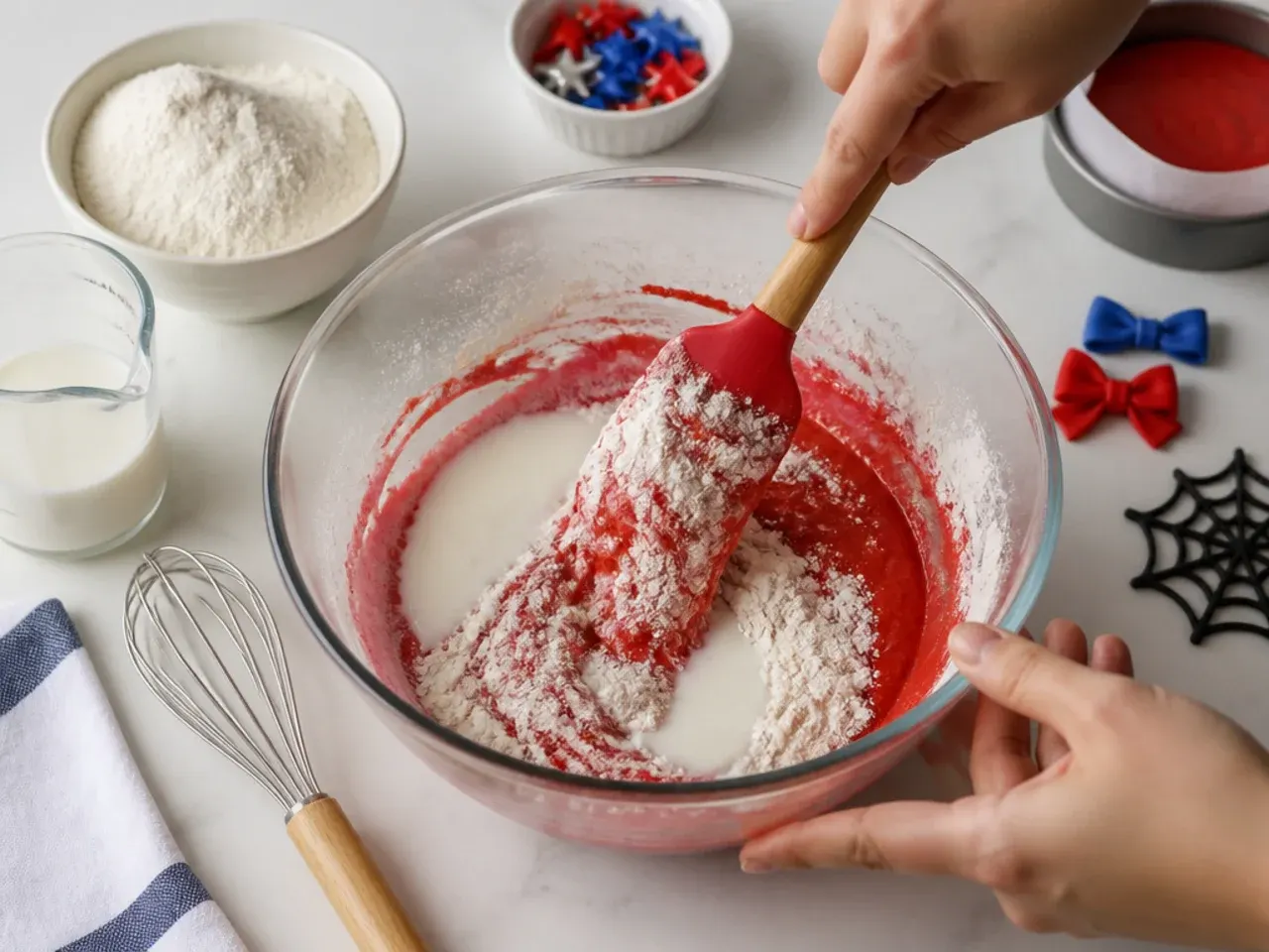 mini spiderman cake — step 4: fold in flour and milk