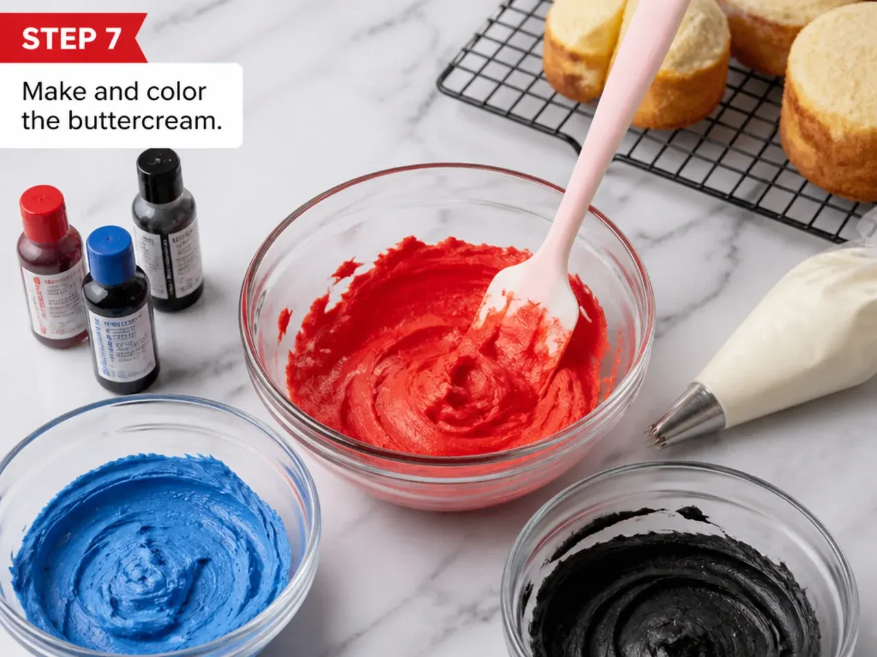 mini spiderman cake — step 7: make and color the buttercream