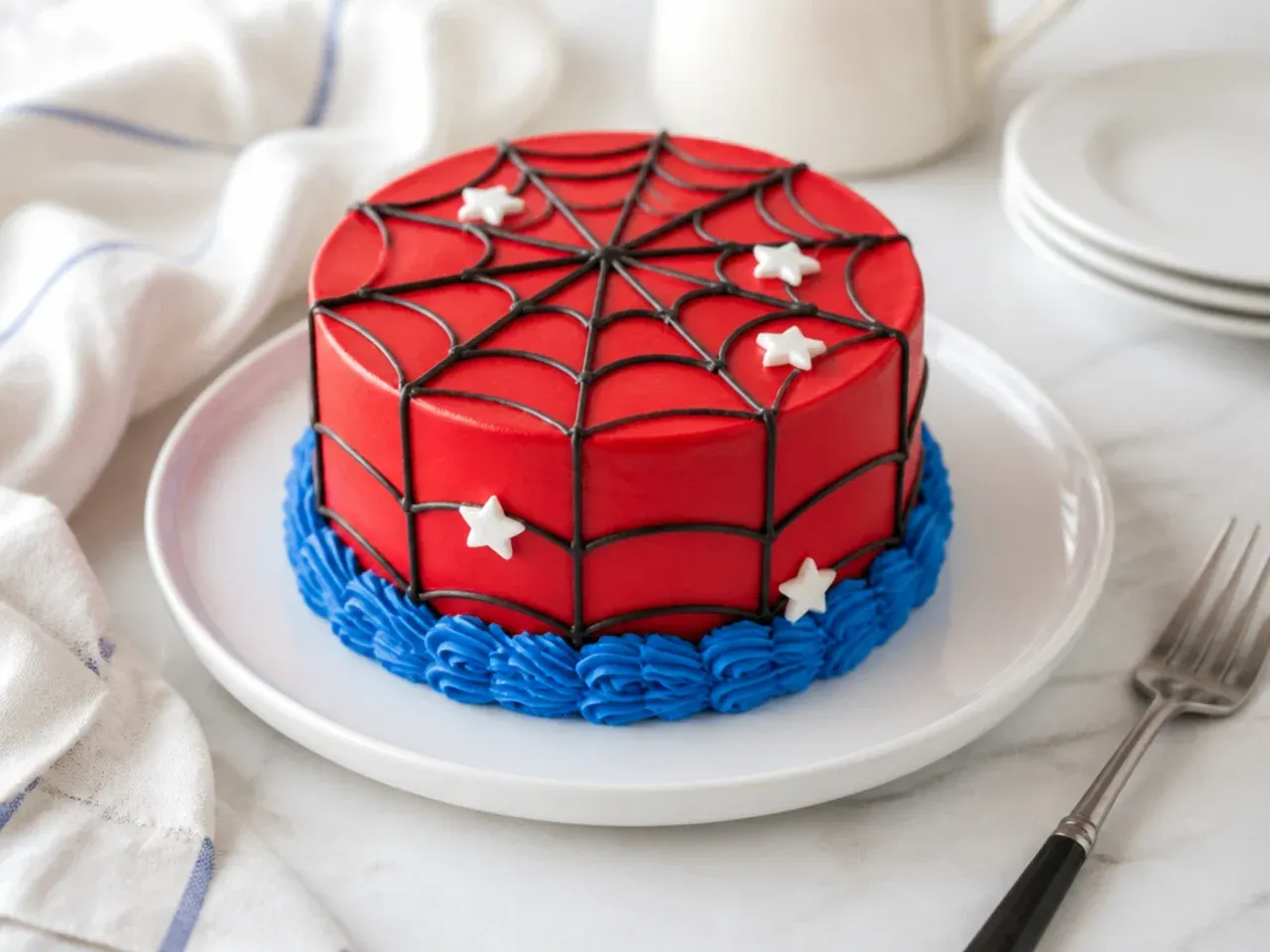 Classic mini spiderman cake with red buttercream and blue border band