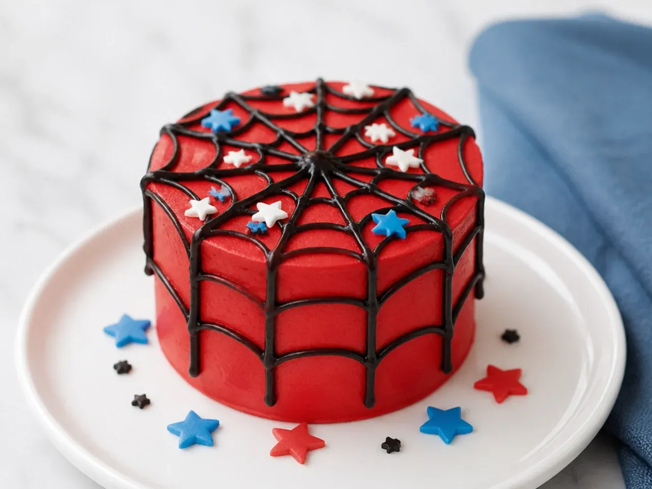 Easy mini spiderman cake with piped black web lines for beginners