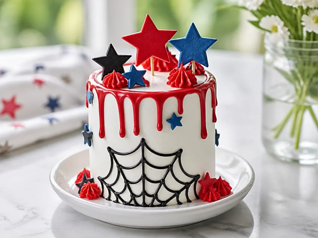 Elegant white mini spiderman cake with red chocolate drip and stars