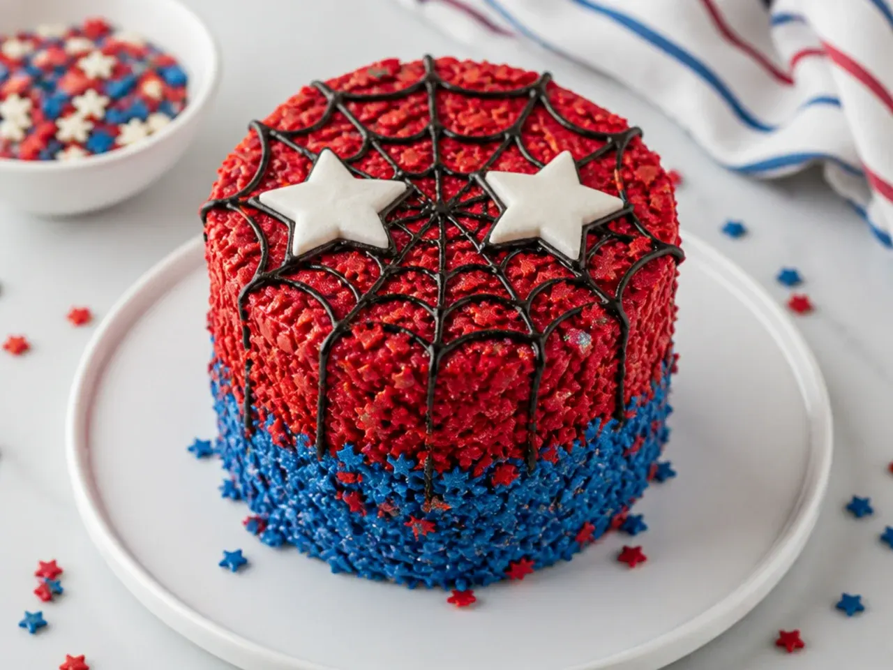 Playful mini spiderman cake covered in red and blue star sprinkles