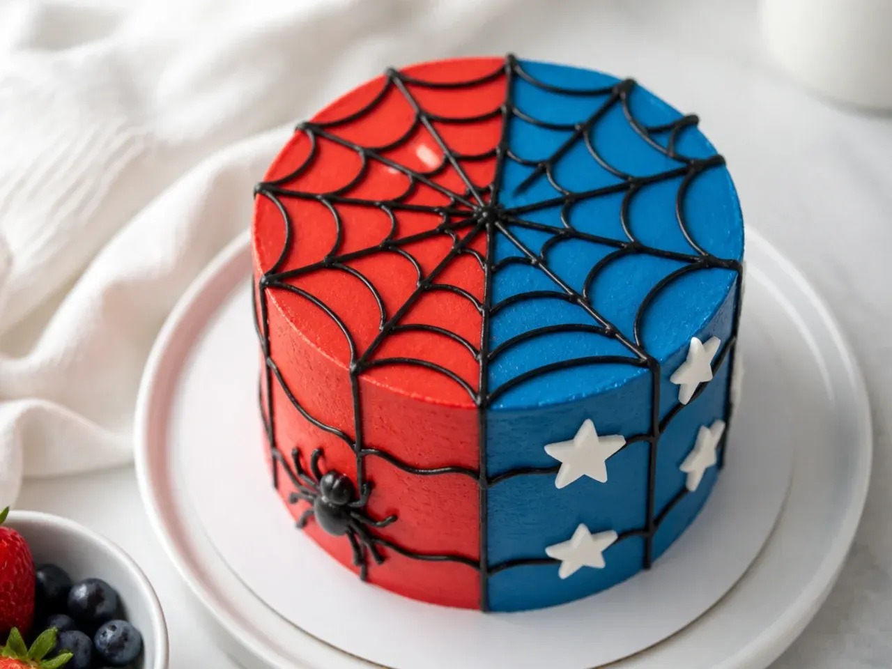 Modern color-block mini spiderman cake split into red and blue halves