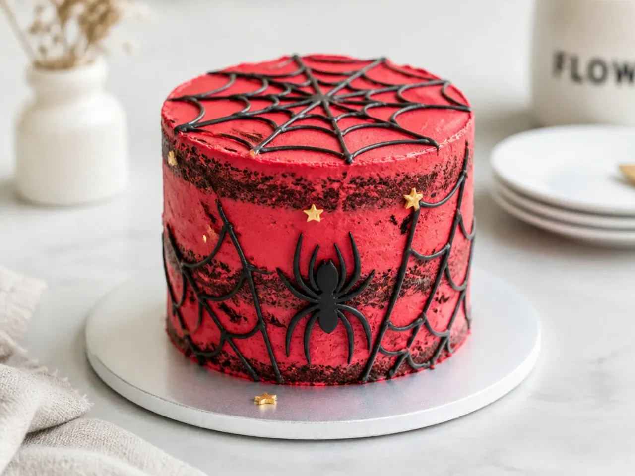 Rustic semi-naked mini spiderman cake with soft red frosting and web accent