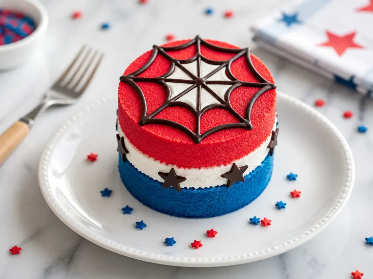 Colorful mini spiderman cake with red and blue rainbow sponge layers