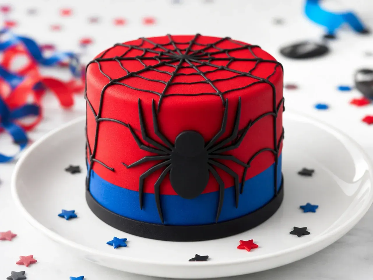 Festive individual mini spiderman cakes for a birthday party crowd