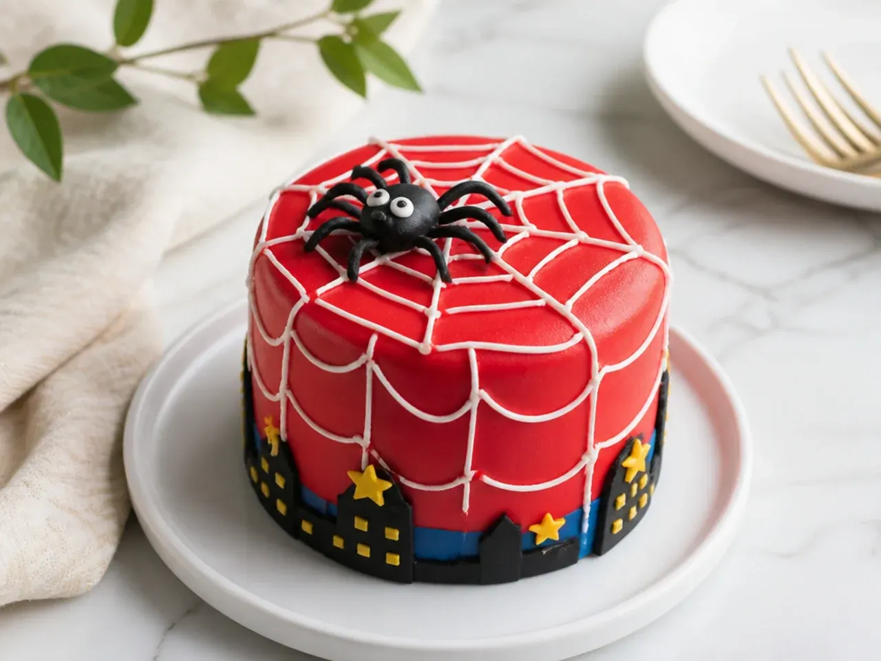 Whimsical mini spiderman cake with a cute fondant spider and web