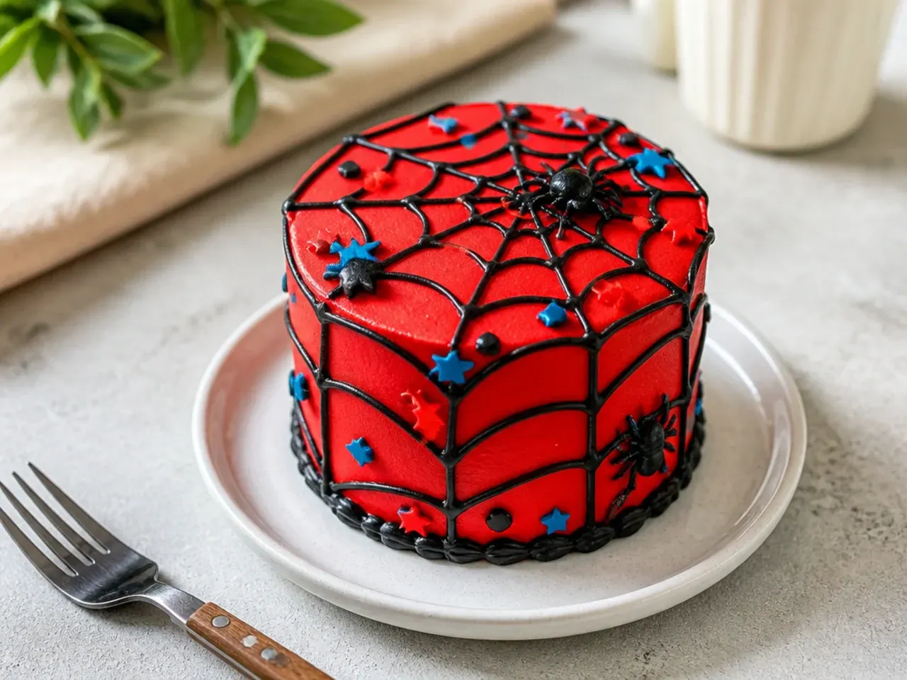 Bold high-contrast mini spiderman cake with all-over black webbing