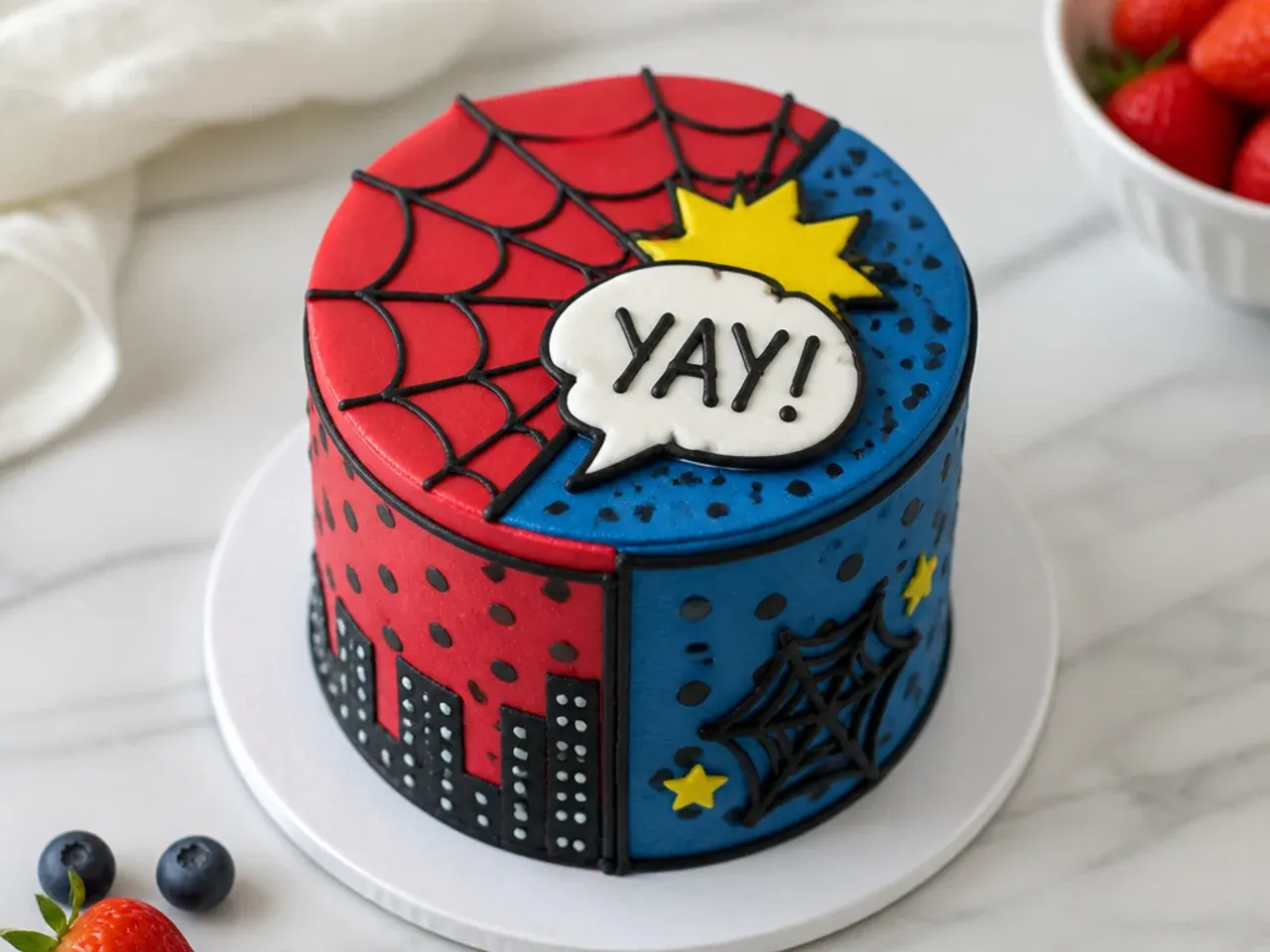 Vintage comic-panel mini spiderman cake with halftone dots and speech bubble
