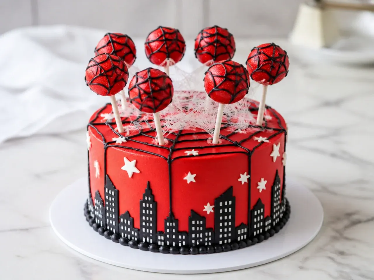 Creative mini spiderman cake topped with red cake pops and web strands
