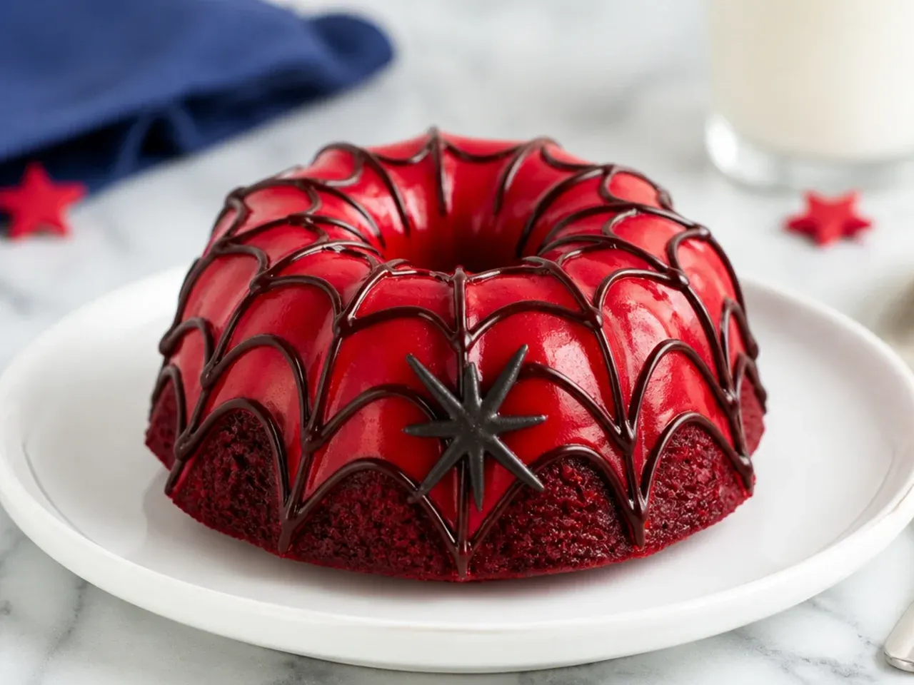 Charming mini bundt spiderman cake with red glaze and web lines