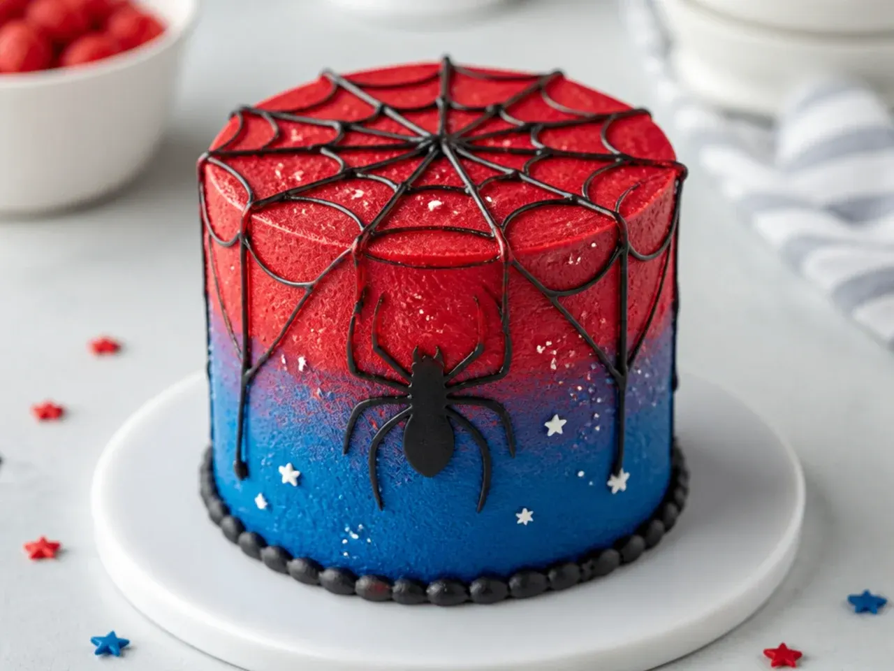Ombre mini spiderman cake blending red into blue around the sides