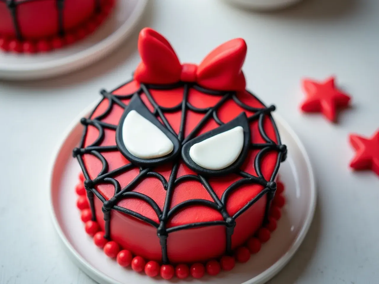 Easy no-pipe mini spiderman cake decorated with fondant web and eye shapes
