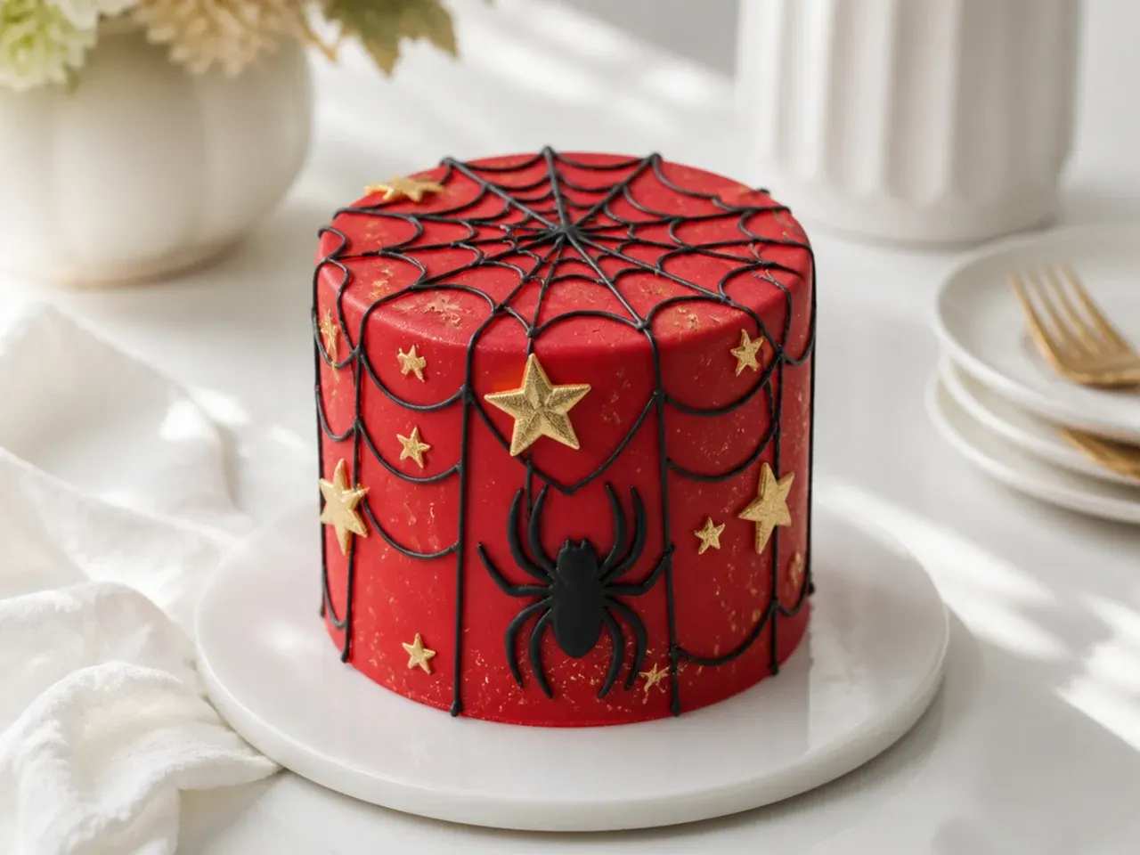 Elegant red mini spiderman cake with brushed gold metallic star accents