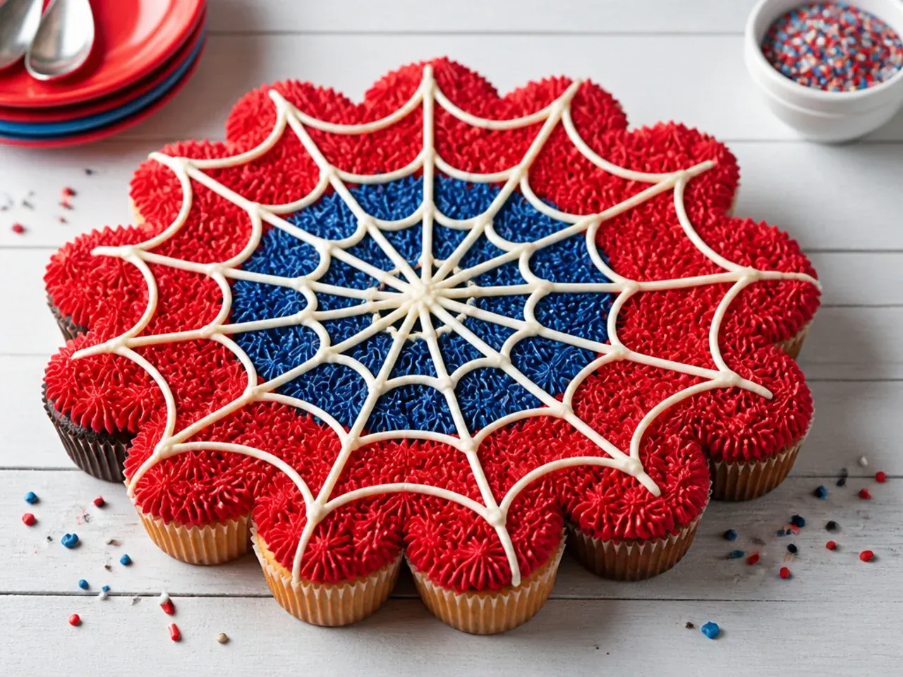 Playful pull-apart mini spiderman cupcake cake frosted as one web
