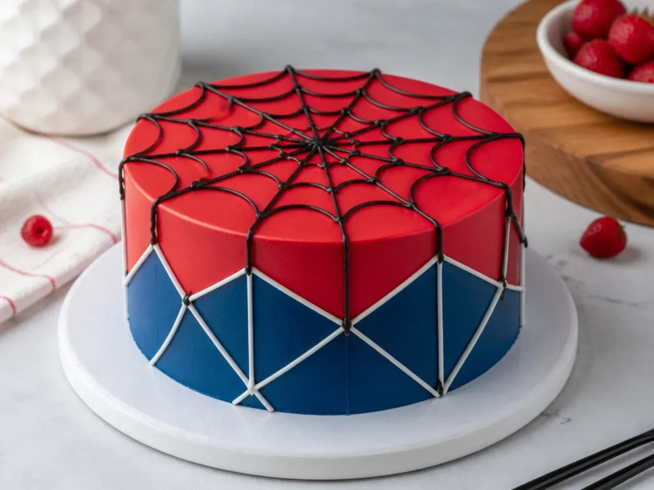 Modern geometric web mini spiderman cake with sharp straight lines