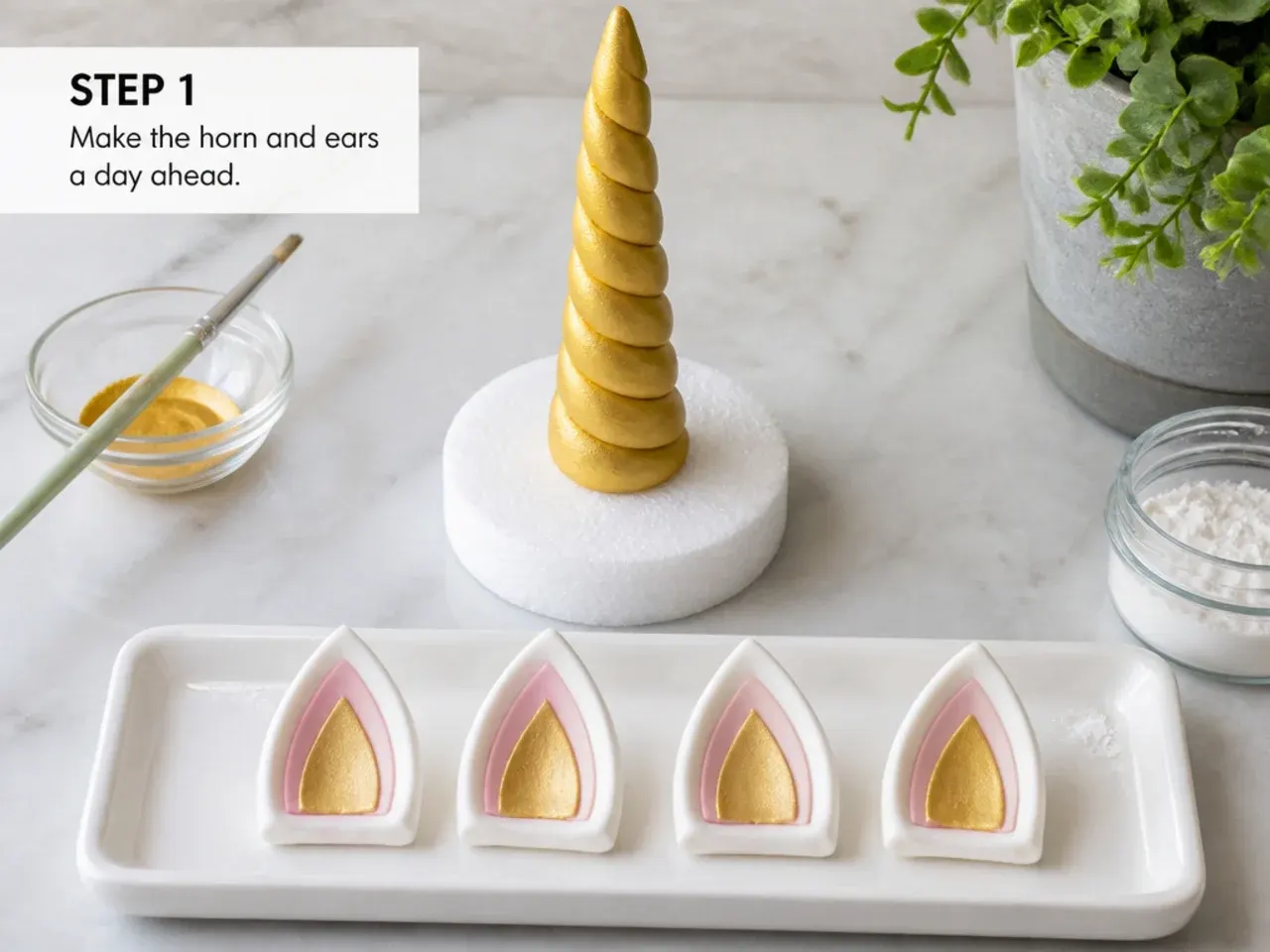 mini unicorn cake — step 1: make the horn and ears a day ahead