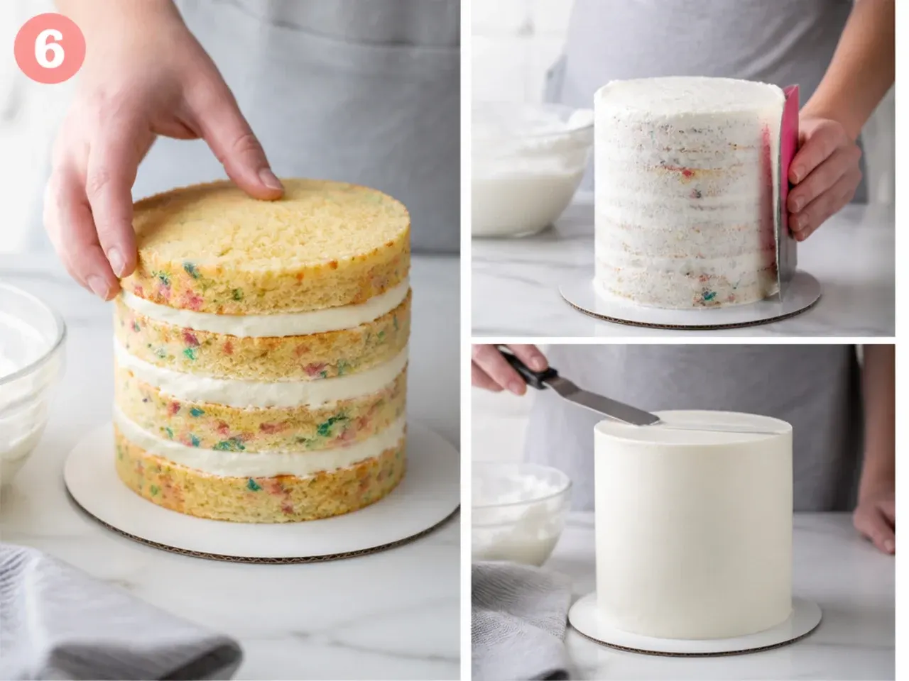 mini unicorn cake — step 6: stack, crumb coat and final coat