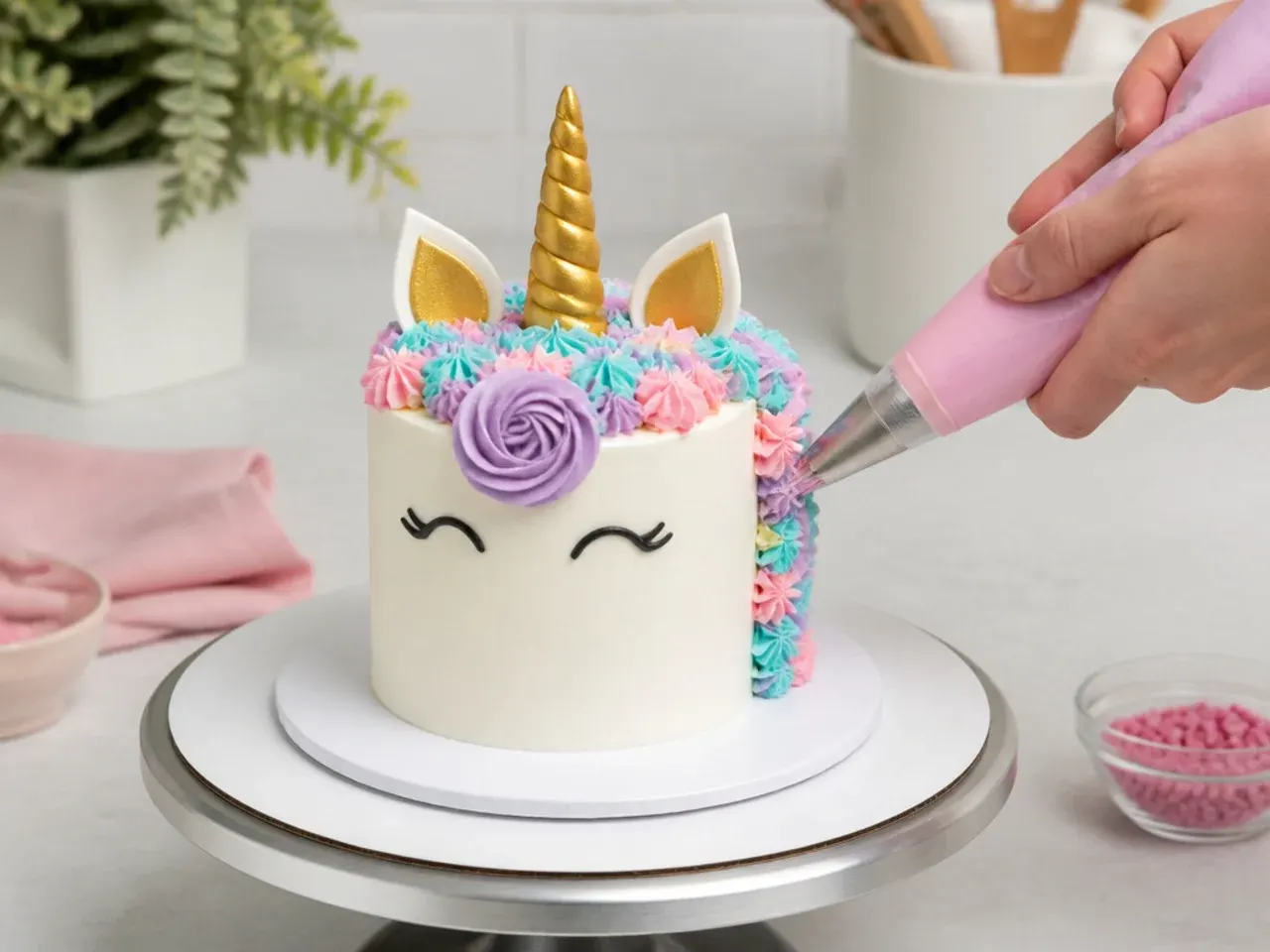 mini unicorn cake — step 7: pipe the mane and finish