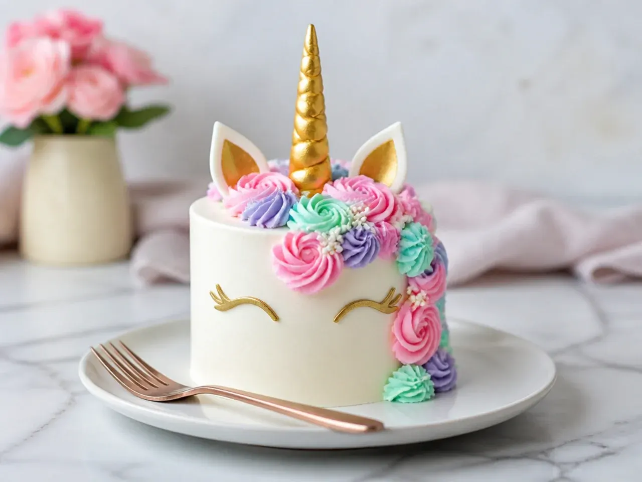 Classic pastel mini unicorn cake with gold horn and rosette buttercream mane