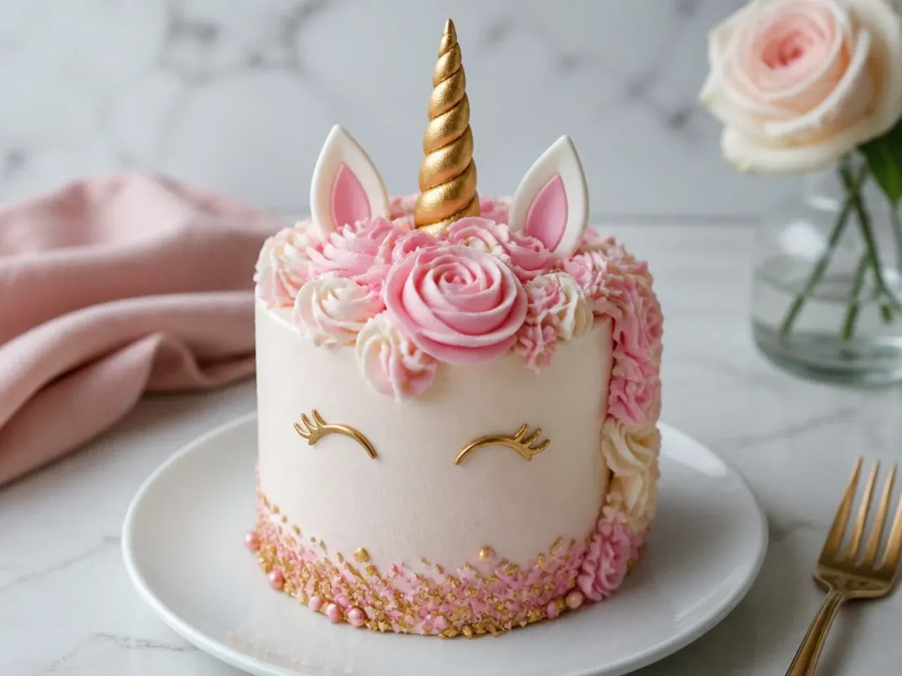 Elegant blush pink and gold small unicorn cake with piped buttercream roses