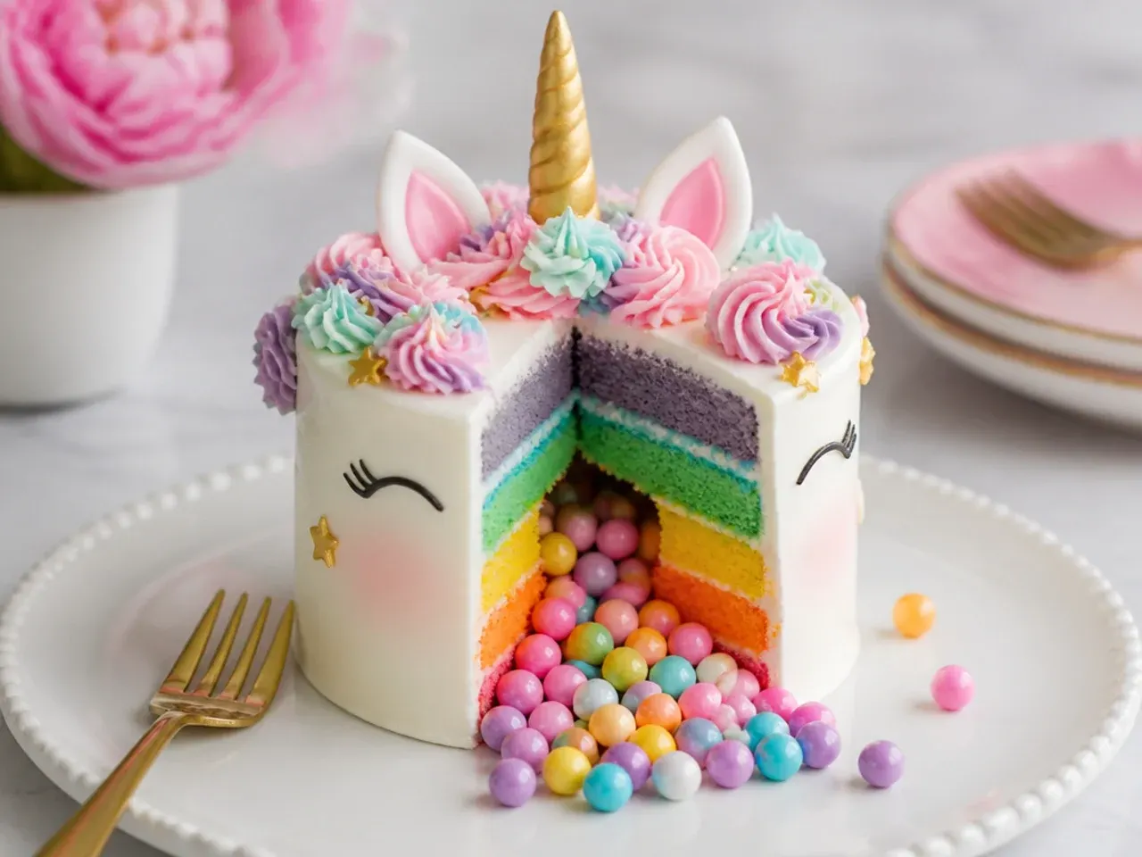Rainbow swirl surprise-inside mini unicorn birthday cake sliced open
