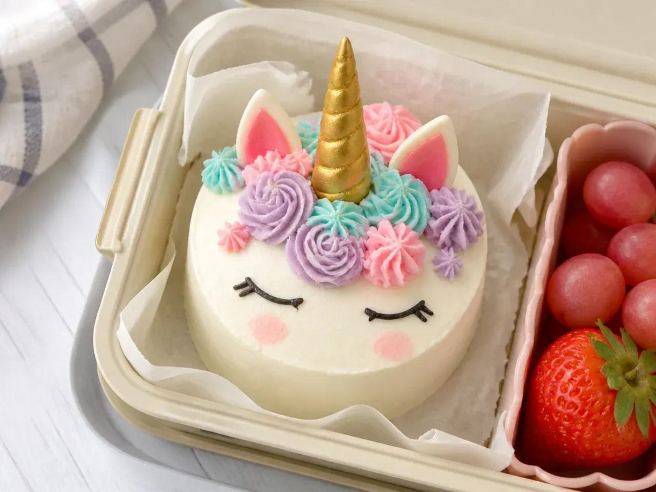 Korean bento-style mini unicorn cake in a parchment-lined lunchbox