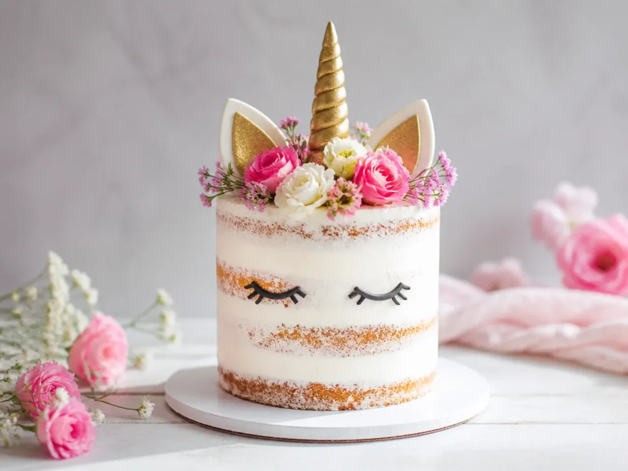 Semi-naked rustic mini unicorn cake decorated with fresh flowers