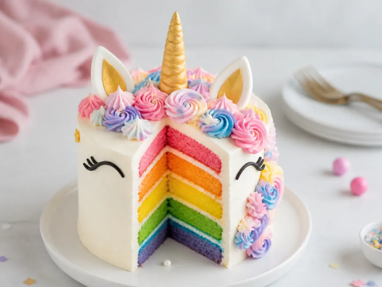 Six-layer rainbow mini unicorn cake with a slice cut out