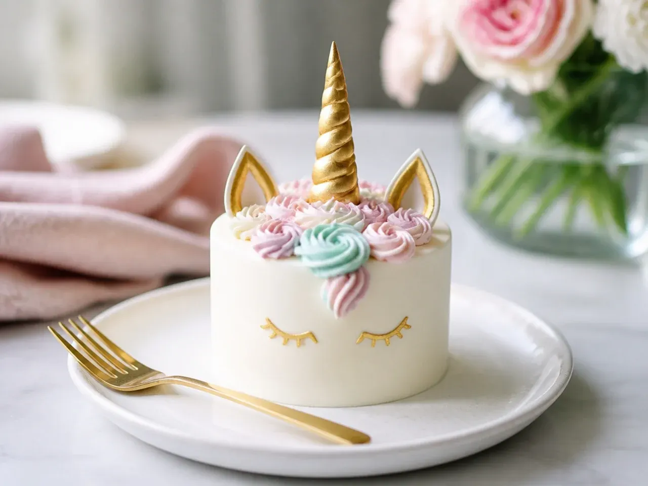 Minimalist white mini unicorn cake with gold line-art horn and lashes