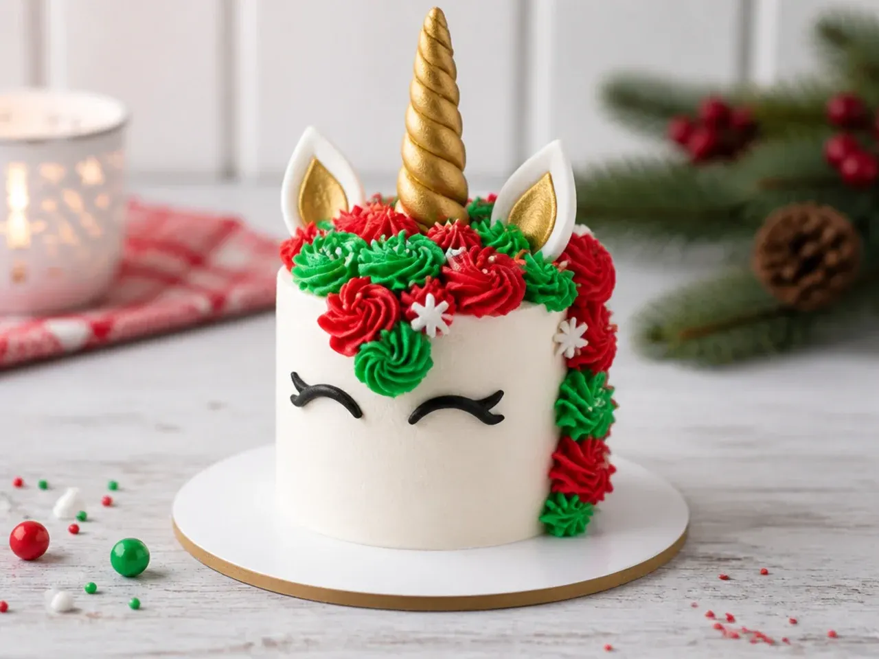 Festive Christmas mini unicorn cake with red and green buttercream mane