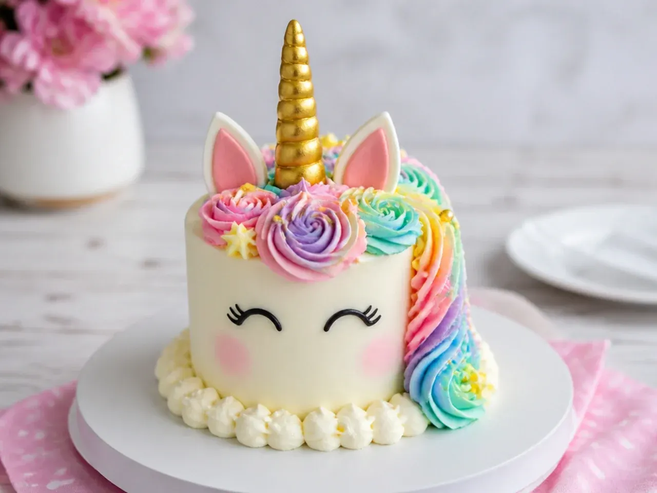 Whimsical mini unicorn cake with piped clouds and rainbow arc mane