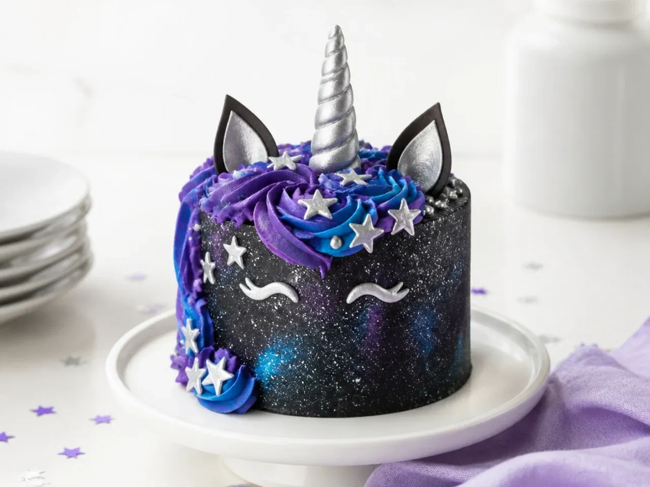 Black galaxy mini unicorn cake with purple and blue mane and silver stars