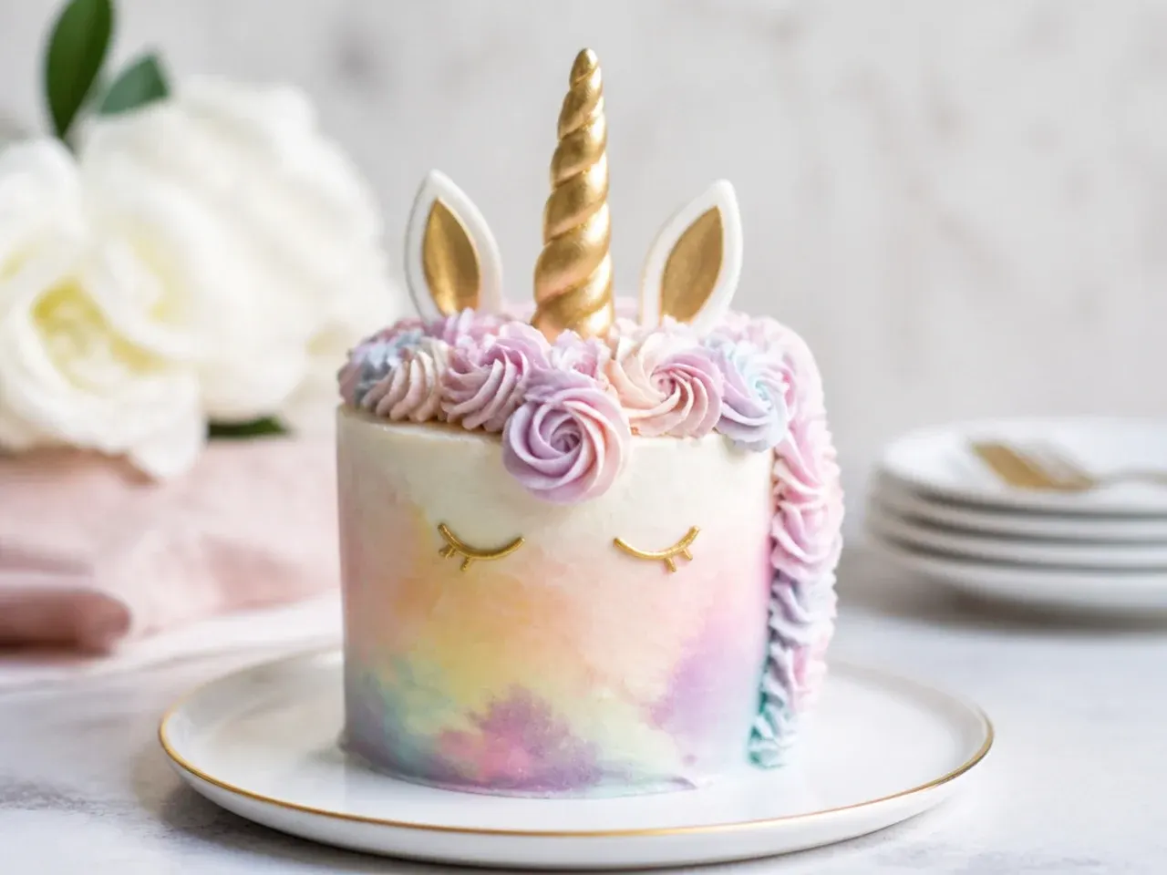 Delicate watercolour buttercream mini unicorn cake in pastel shades