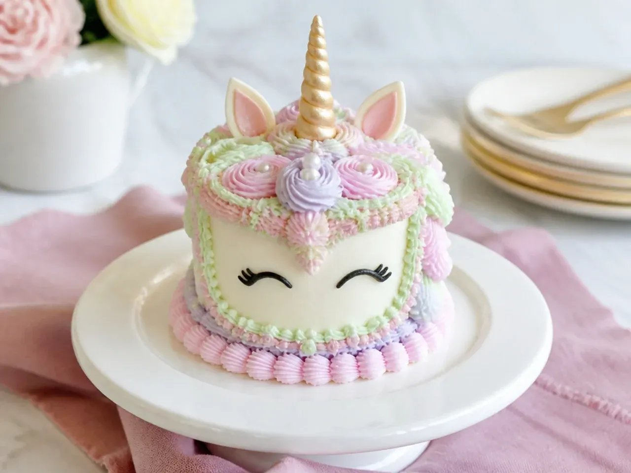 Vintage Lambeth-style mini unicorn cake with piped shells and pearl details