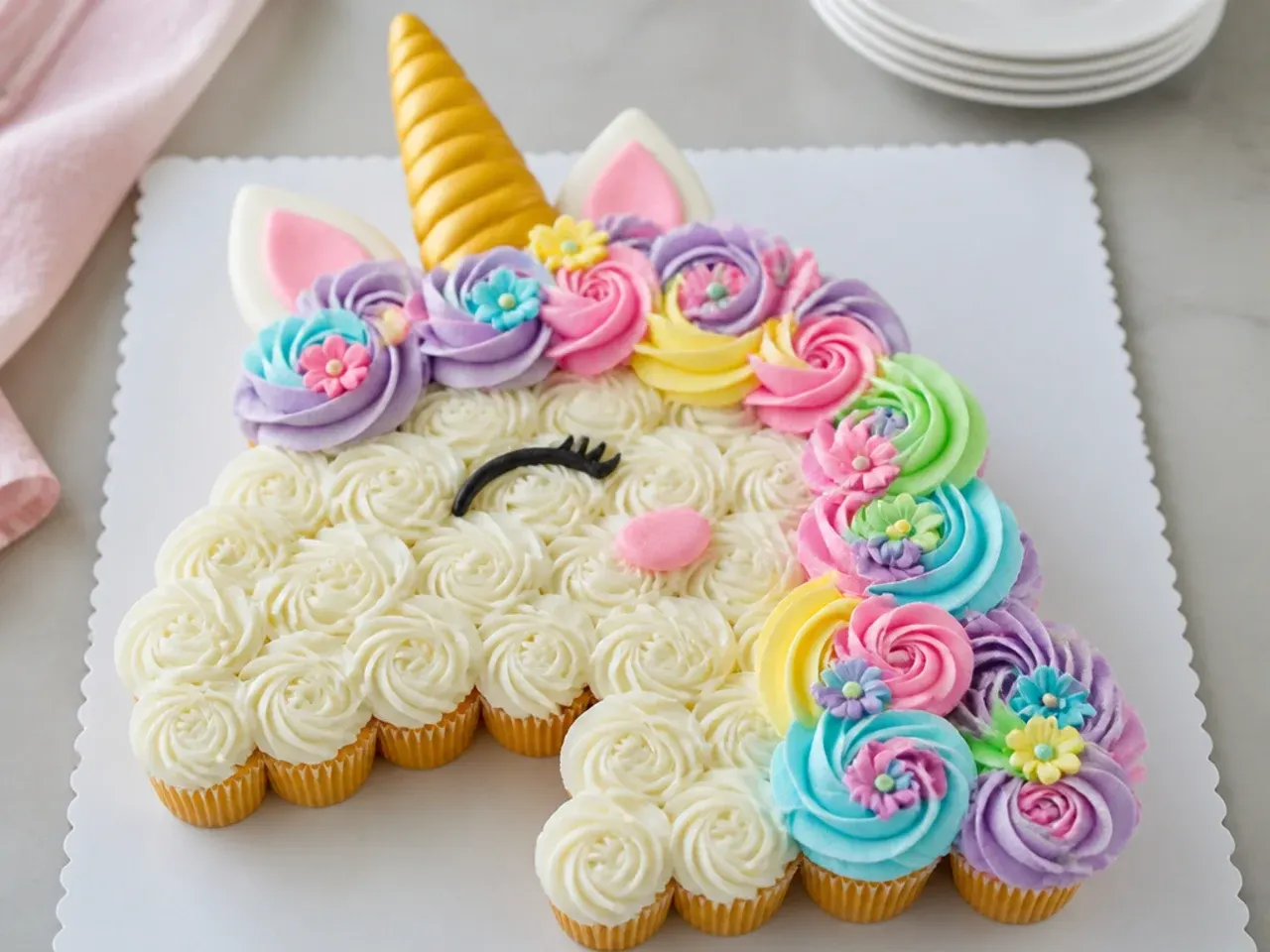 Pull-apart mini unicorn cupcake cake shaped like a unicorn head