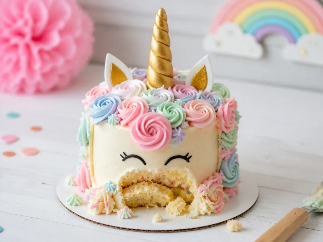 Pastel unicorn smash cake for a baby's first birthday