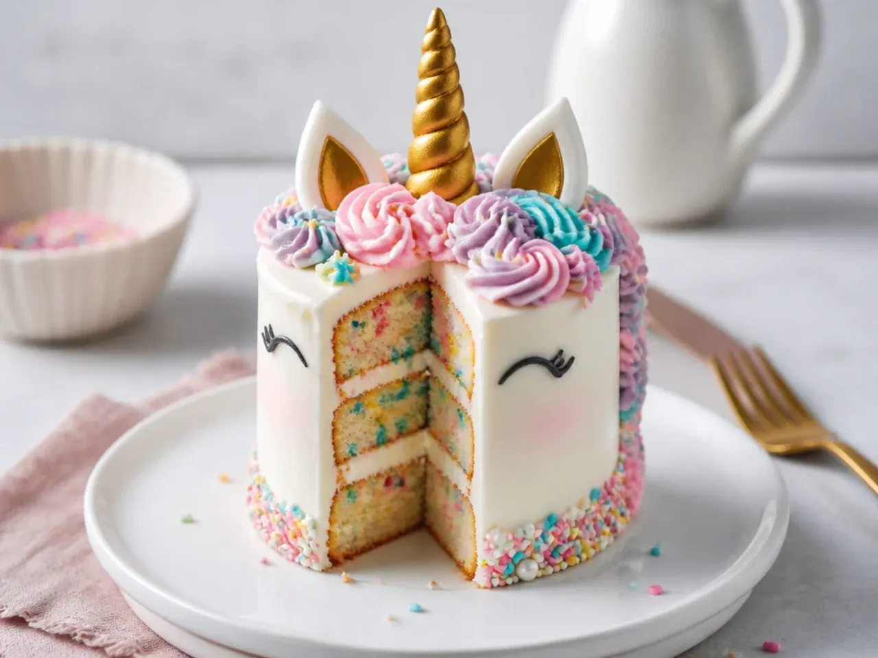Funfetti mini unicorn cake with rainbow sprinkle confetti layers